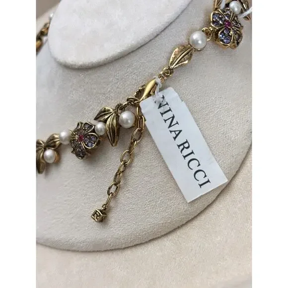 Nina Ricci Gold Plated Necklace with Pearls, Enamel & Crystals - 16-18" - Picture 4 of 5